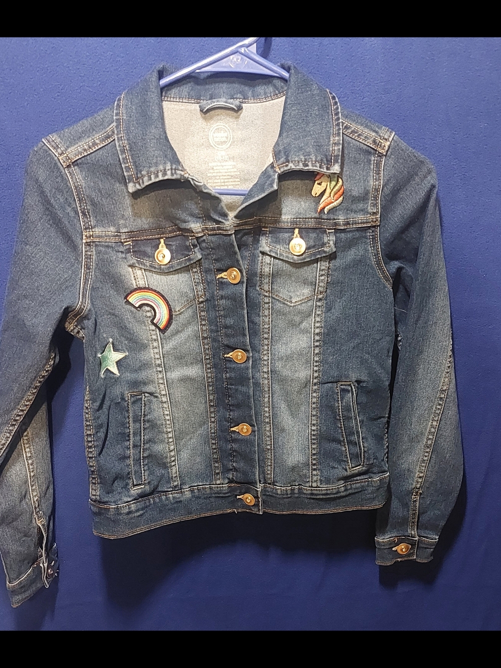 wonder nation Dark Blue Denim Jacket with Rainbow & Star Patches (006)